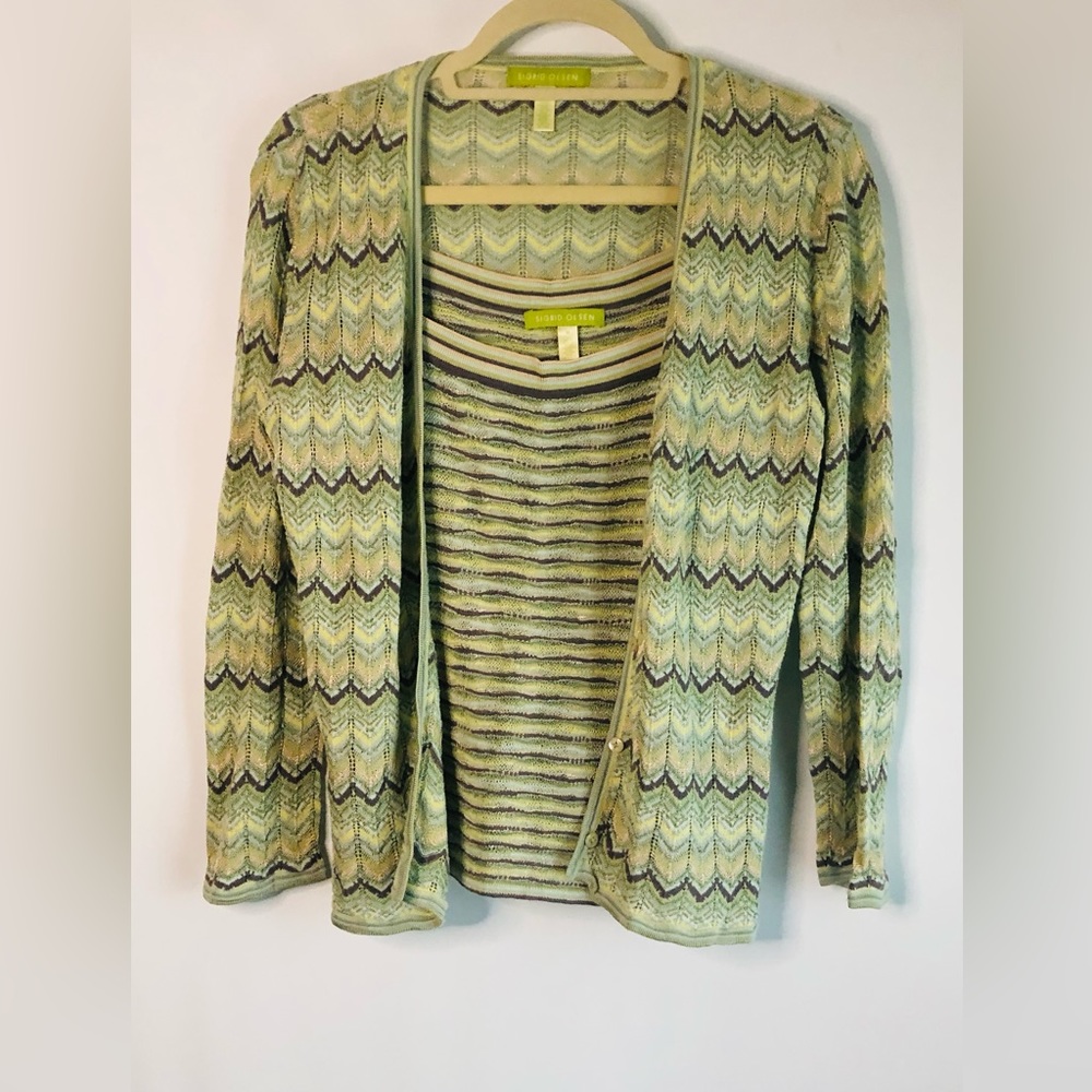 EUC Sigrid Olsen Cardigan Crochet &  Tank Top Set Size M Green yellow Striped